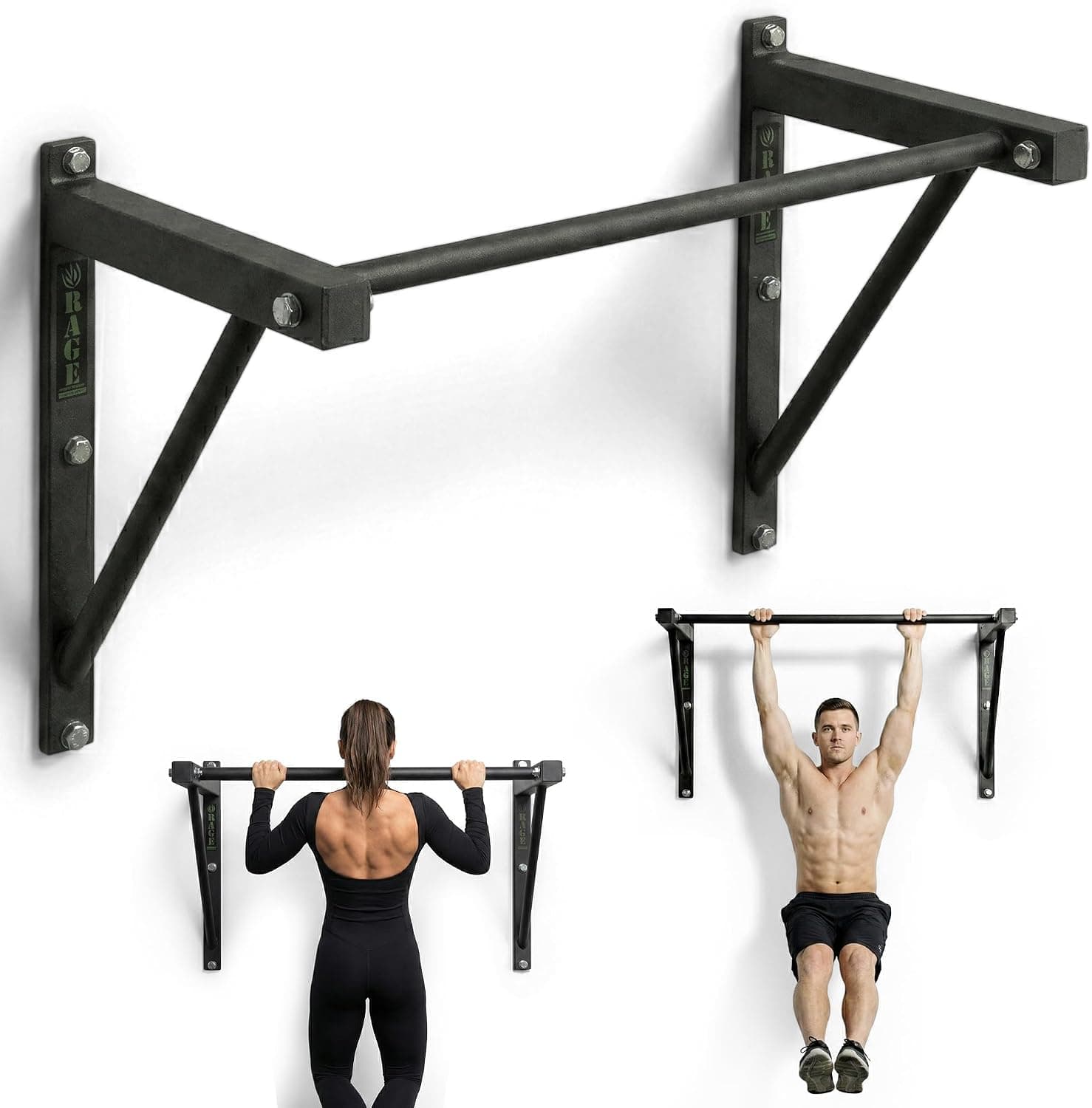Rage Fitness Heavy-Duty Wall Mounted Pull Up Bar - 500 lbs Weight Capacity Steel Chin Up Bar