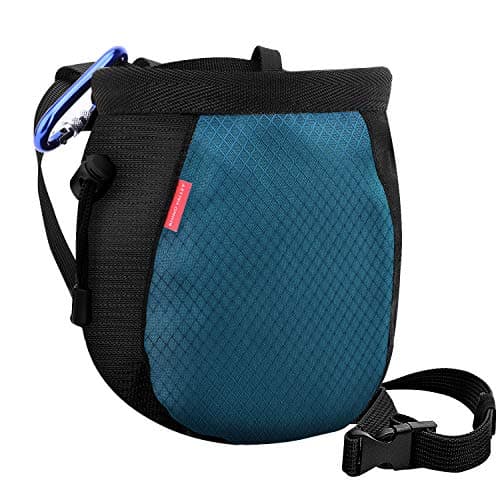 Rhino Valley Climbing Chalk Bag No Leak Drawstring with Adjustable Belt | Carabiner Clip and Zippered Pockets Chalk Bag for Rock Climbing, Cross Fit, Weight Lifting & More, Black & Royal Blue