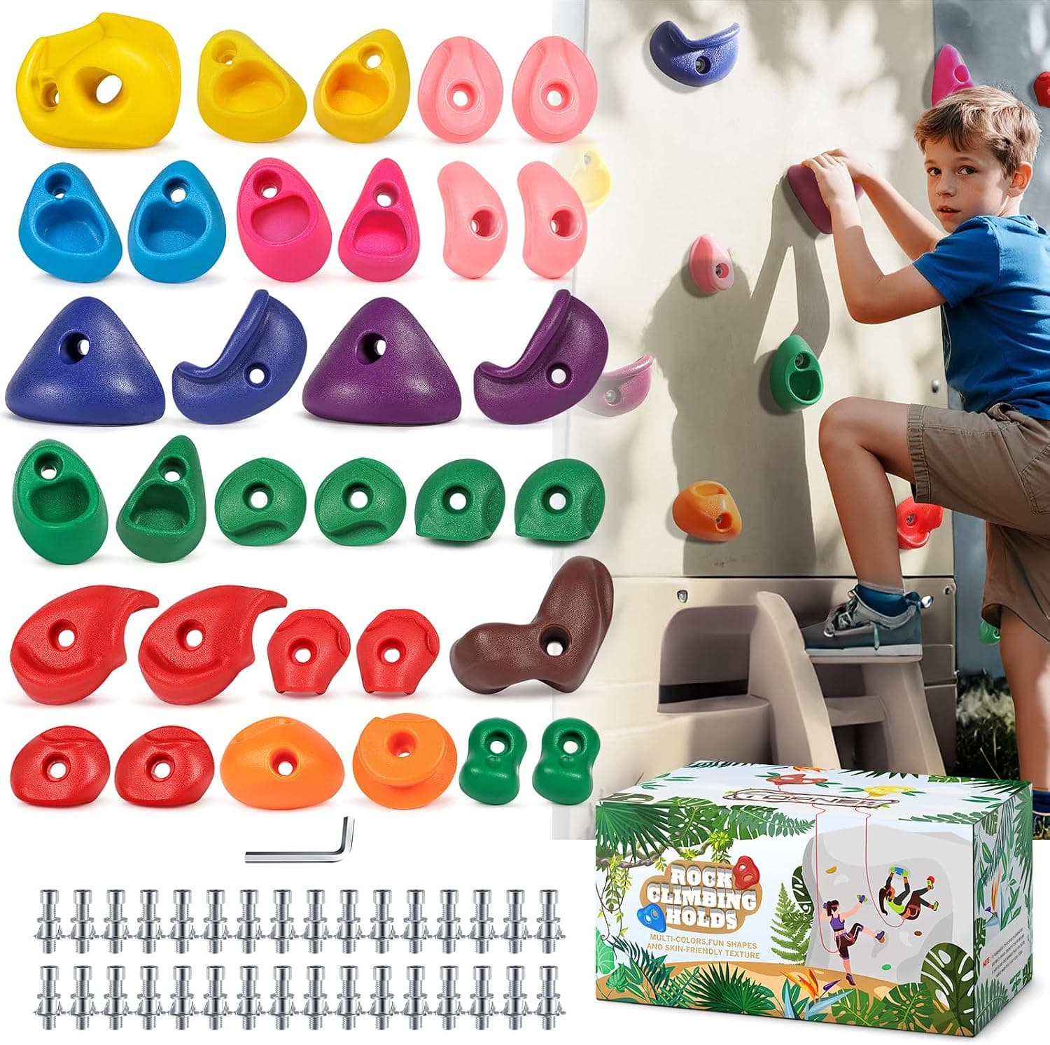 TOPNEW 20PCS Rock Climbing Holds with Mounting Hardware for Indoor/Outdoor Rock Wall, Dark Color