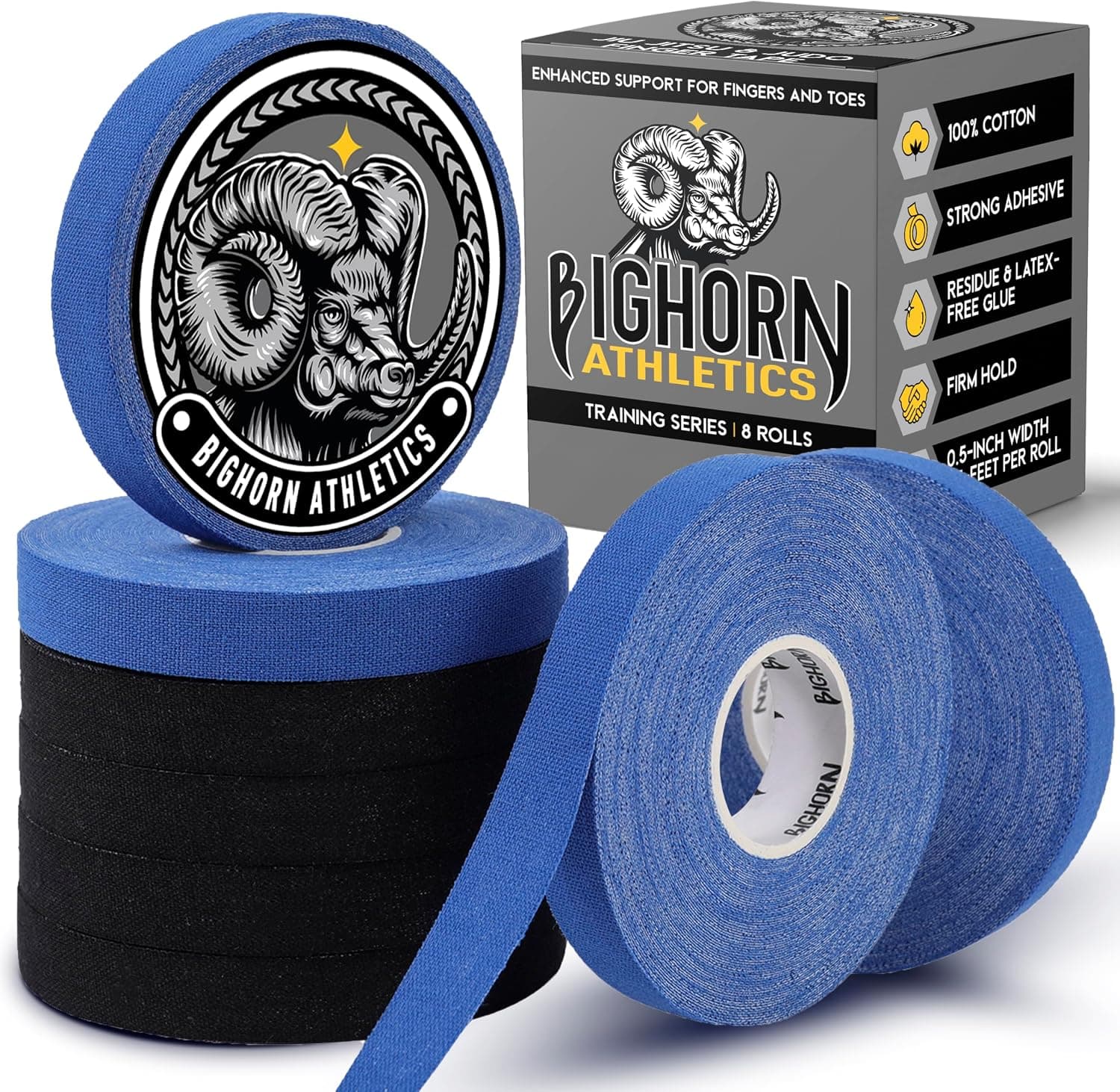 Bighorn Athletics Jiu Jitsu Finger Tape, 0.5-Inch x 45-feet, 8 Rolls, Black and Blue