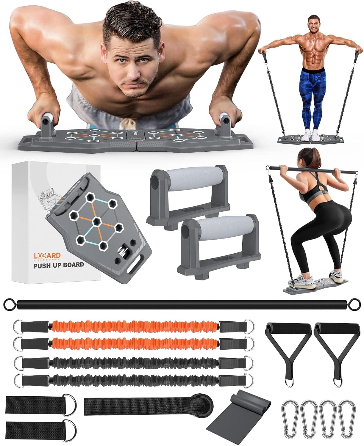 LOGARD Pro Push Up Board System, Portable Home Gym Workout Equipment with Elastic Resistance Bands