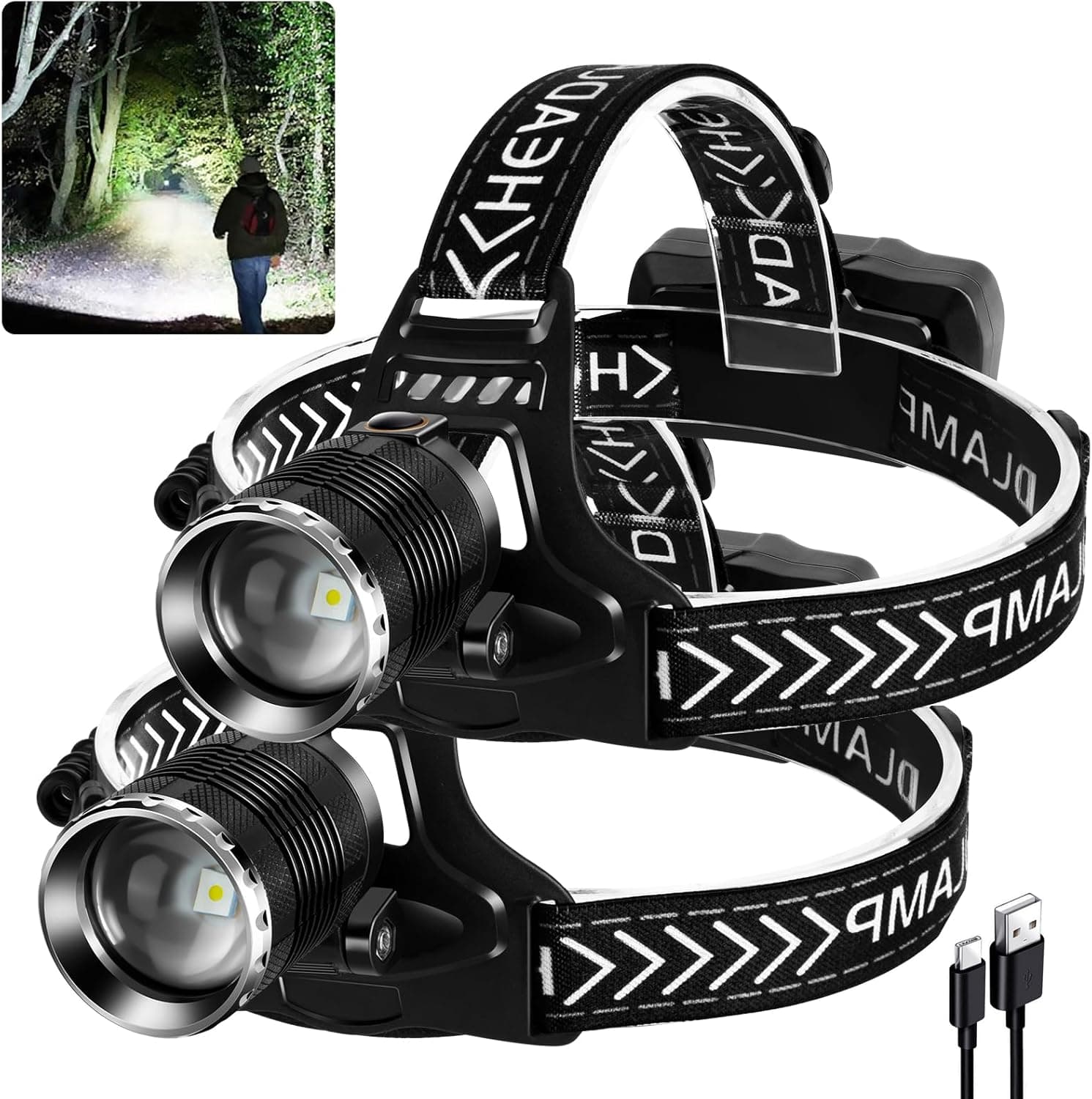 UOATEPC LED Headlamp Rechargeable with 4 Modes, USB Rechargeable Zoom, 90 Degree Adjustable
