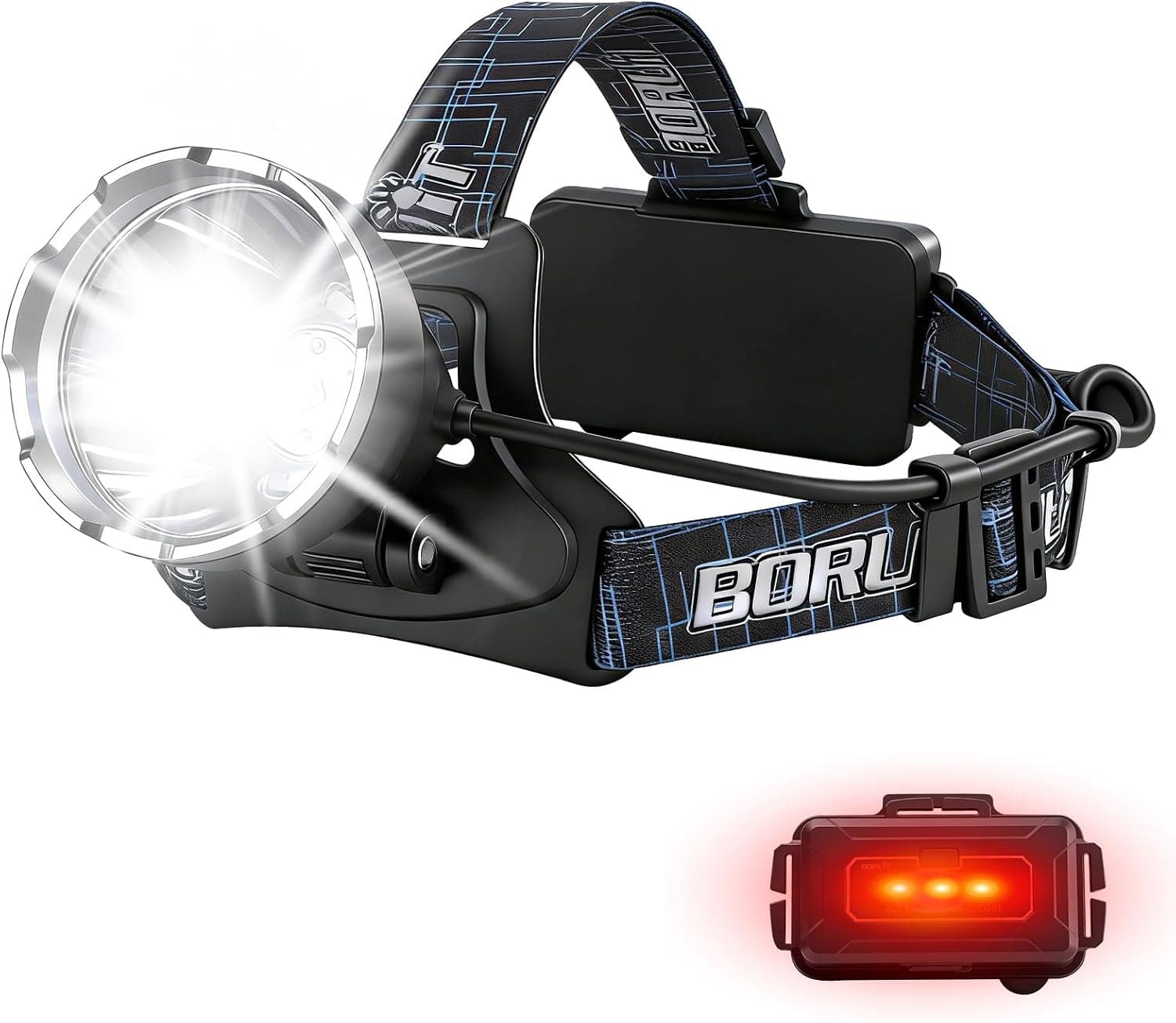 BORUIT LED Rechargeable Head Lamp - Super Bright 3 Modes, 90 Degree Adjustable, USB C, Waterproof