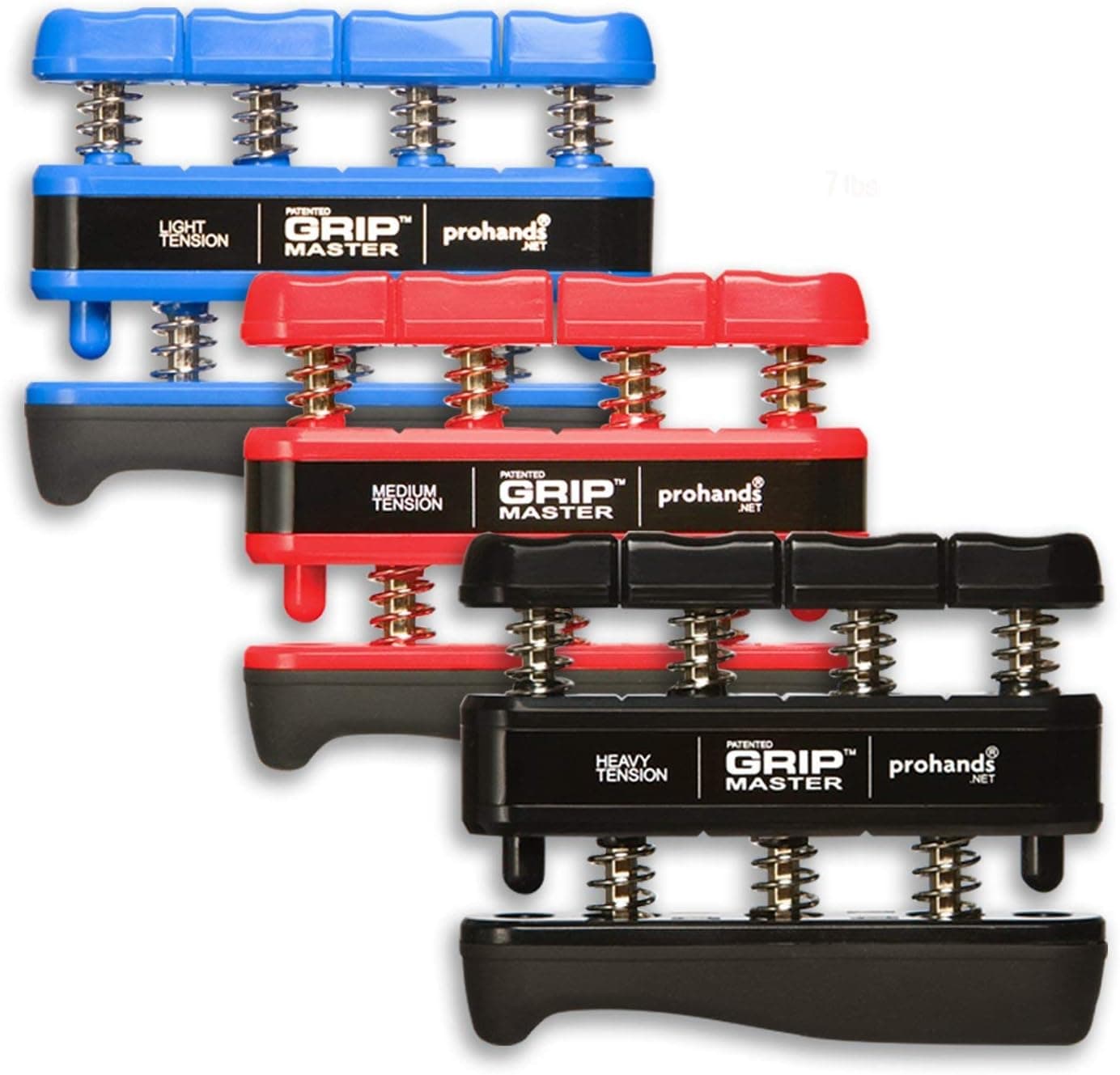 PROHANDS Gripmaster Hand Exerciser, Spring-Loaded Finger-Piston System (Set of 3, Blue, Red, Black)