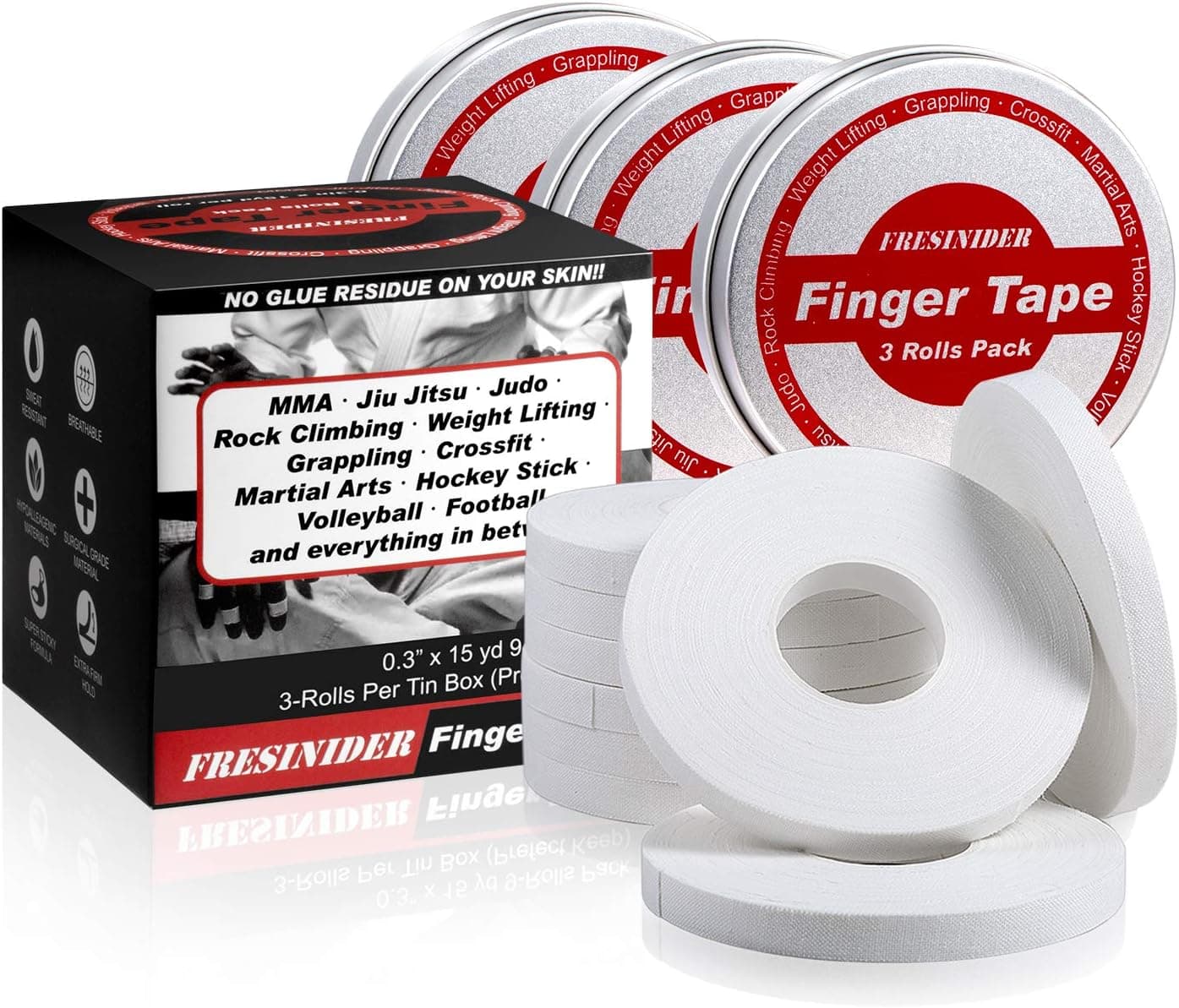 FRESINIDER Finger Tape - Strong Athletic Tape 0.3 Inch x 45 Feet 9 Pack Tin Set