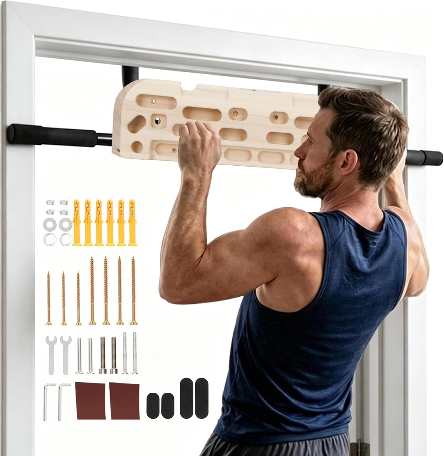 Hangboard Rock Climbing Hangboard with Doorway Pull Up Bar, 2 in 1 Fingerboard with Jugs Pinches Pockets Edges and Slopes