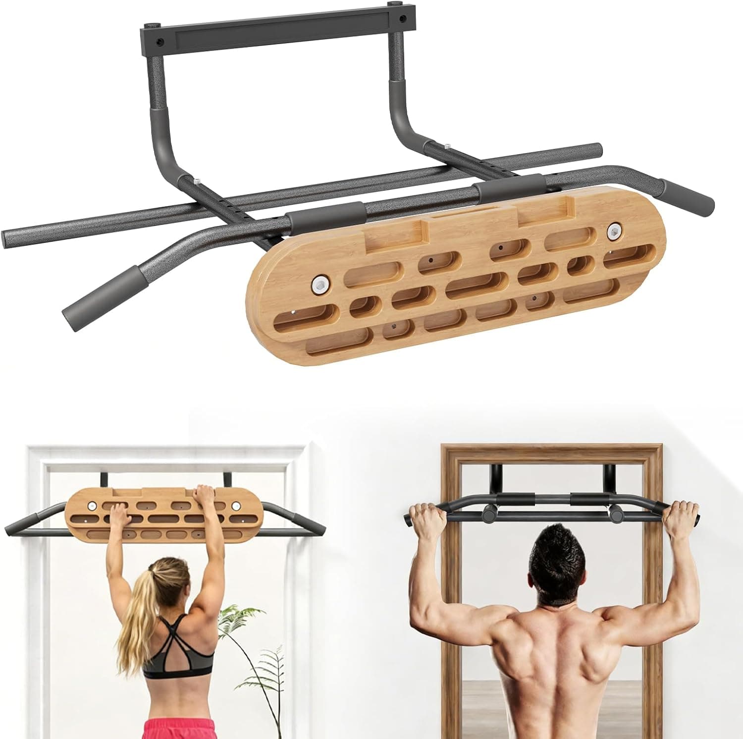 2 in 1 Hang Rock Climbing Hangboard Doorway Pull Up Bar with Jugs, Pinches, Pockets, Edges and Slopes, No Drilling Required