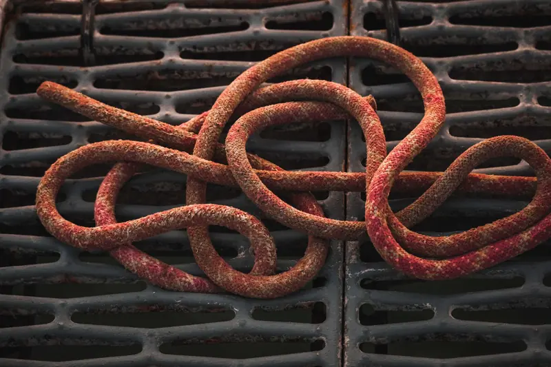 Close-up of a rusty rope coiled on a black industrial grate, showing texture